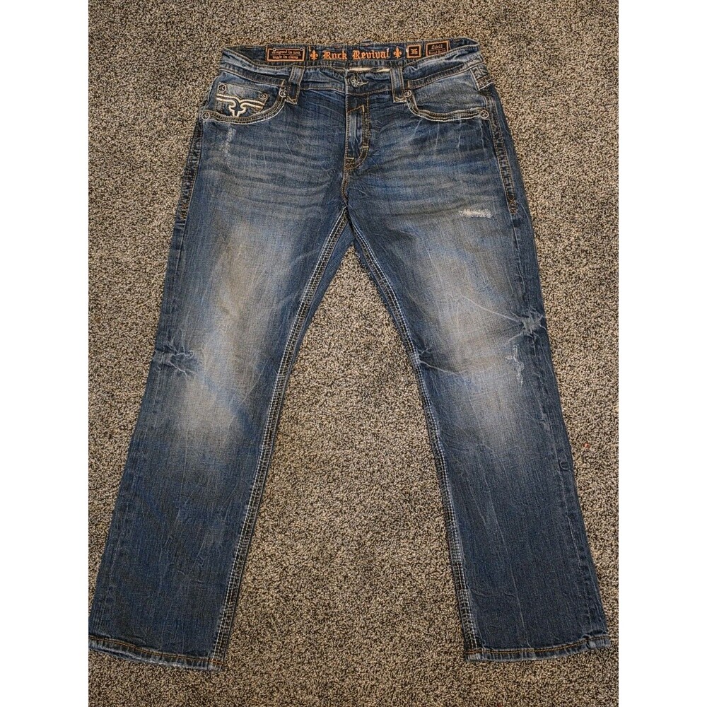 Rock Revival Odell Relaxed Straight Fit Jeans Men 34x30 Dark Wash Thick Stitched